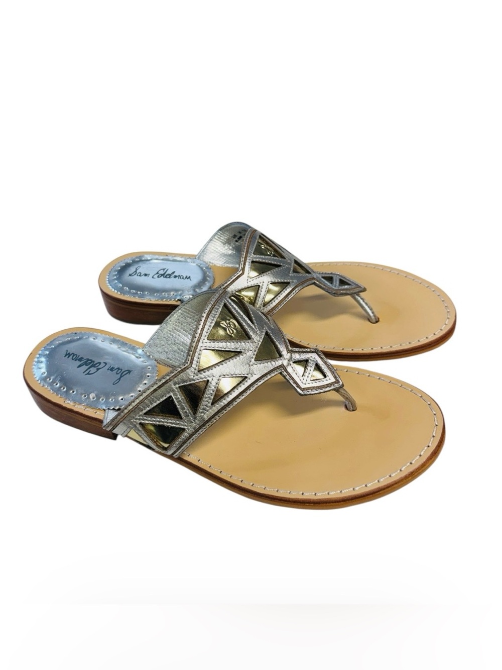 Sam Edelman Treva Silver and Gold Geometric Thong Sandals Sz. 9.5